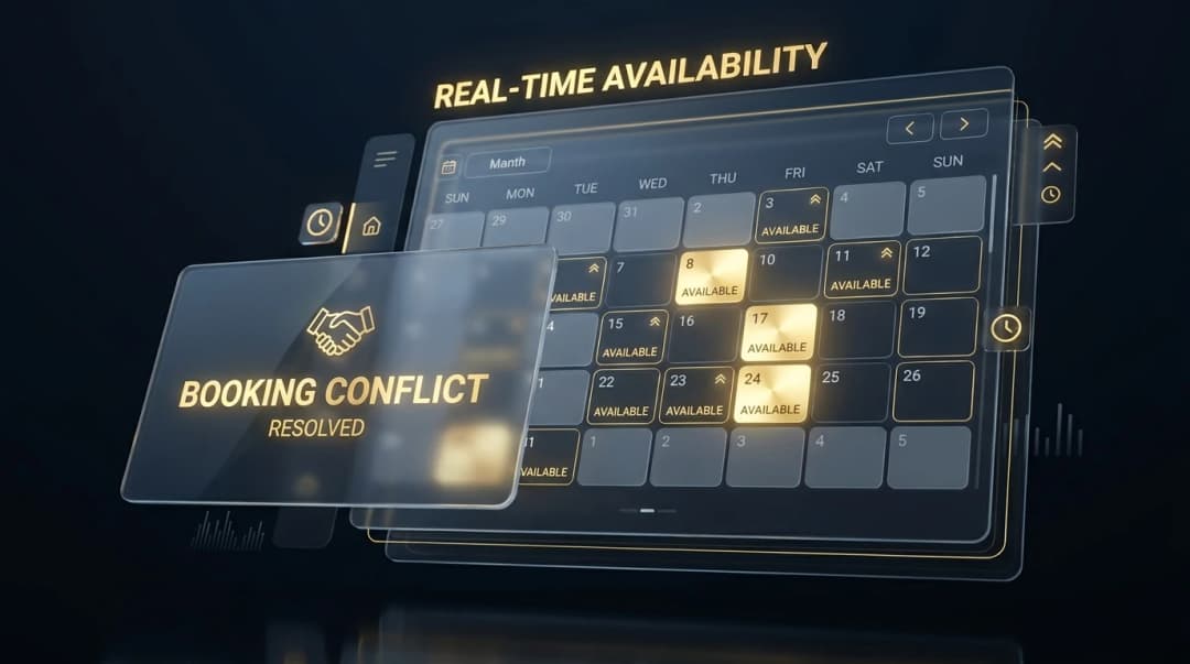 Conceptual visualization of a booking conflict error being resolved into a streamlined digital workflow.