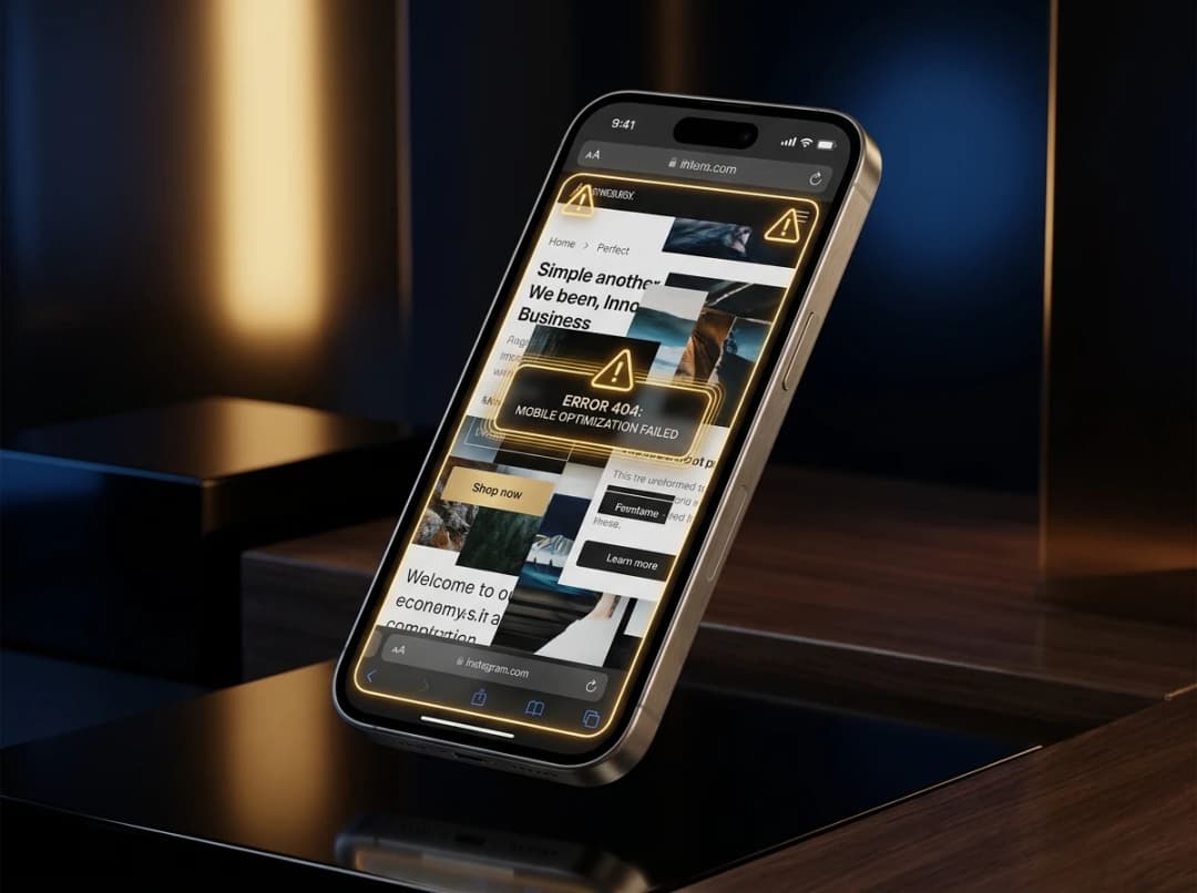 Conceptual 3D visualization representing poor mobile optimization with a sleek smartphone display showing interface issues.