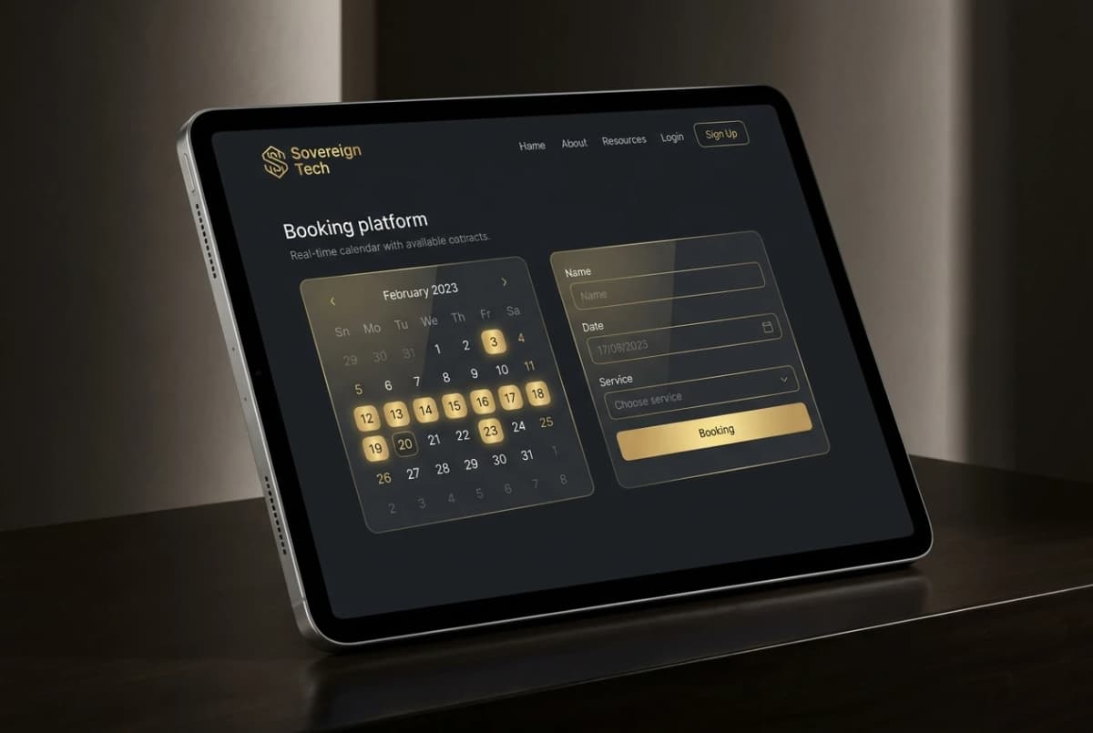Premium high-fidelity mockup of a sophisticated booking platform interface.