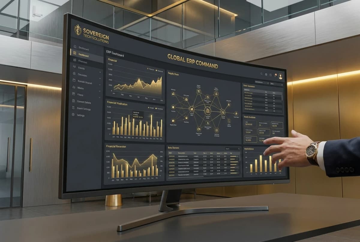 High-fidelity 3D visualization of enterprise resource planning analytics dashboard.