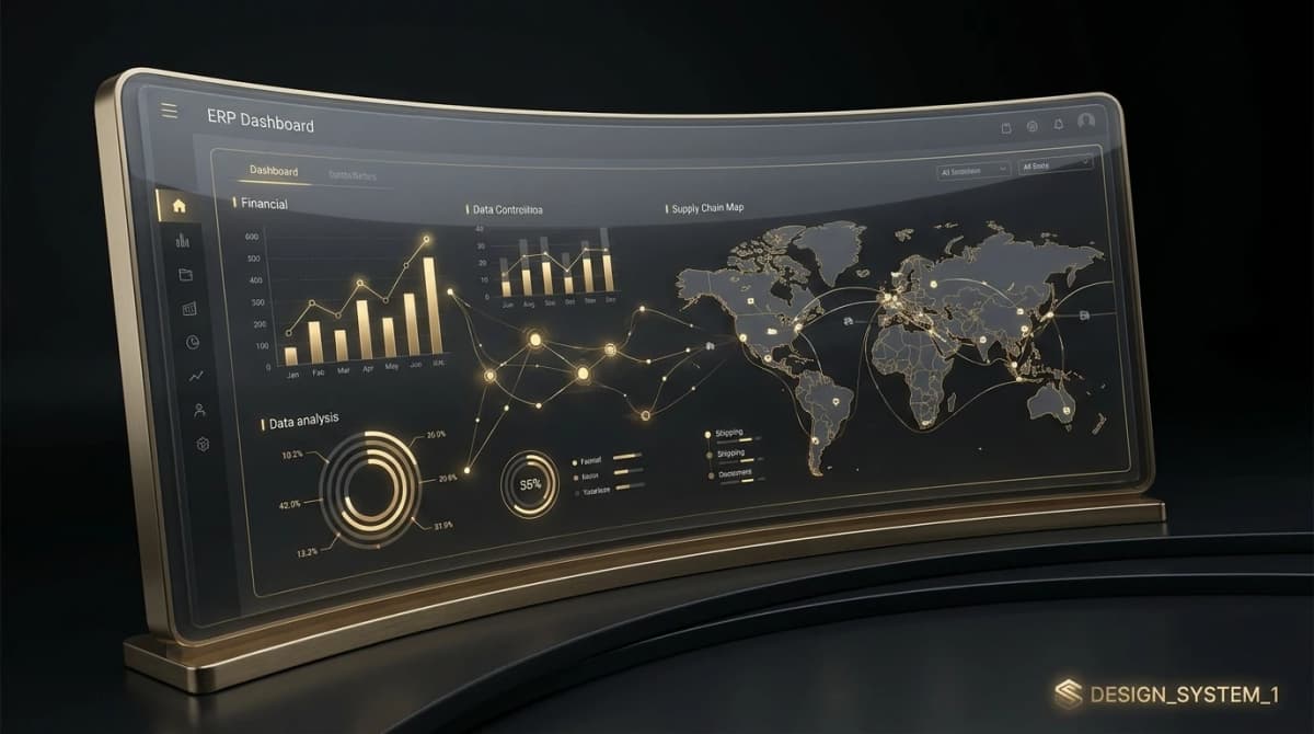 High-fidelity 3D mockup of an enterprise resource planning management system interface.