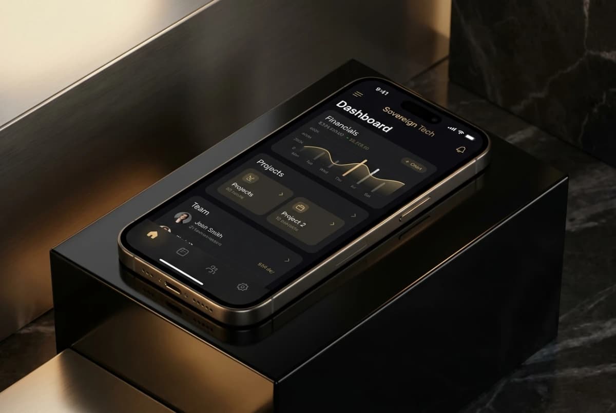 Premium high-fidelity mockup of a mobile application interface displayed on smartphone.